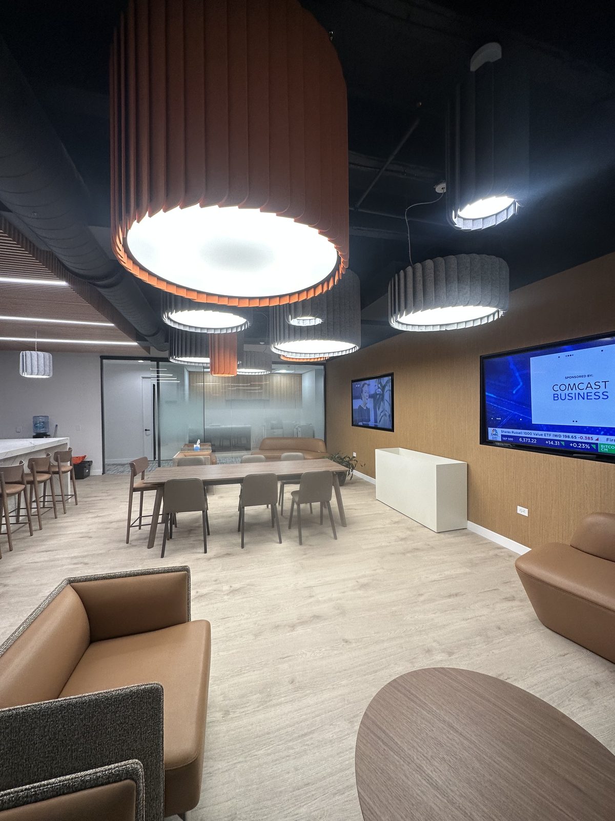 Finished office with pendant lighting